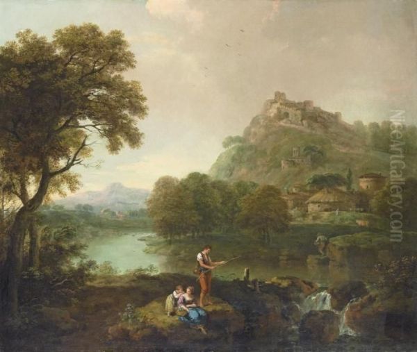 An Extensive River Landscape 
With A Fisherman And His Family On The Bank Above A Cascade, A Thatched 
Villa And A Hilltop Fortress Beyond - view 1