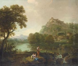 An Extensive River Landscape
With A Fisherman And His Family On The Bank Above A Cascade, A Thatched
Villa And A Hilltop Fortress Beyond by Francesco Zuccarelli
