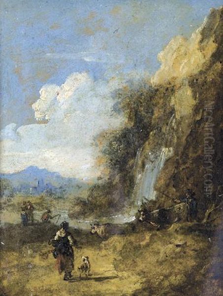 Capriccio Mit Wasserfall, Kuhen Und Figurenstaffage. - view 1