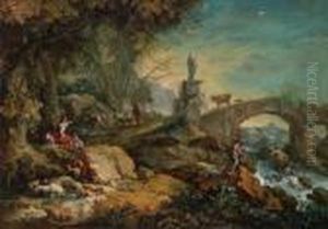 Paesaggio Roccioso Con Una Statua Di Pietra E Pastori
