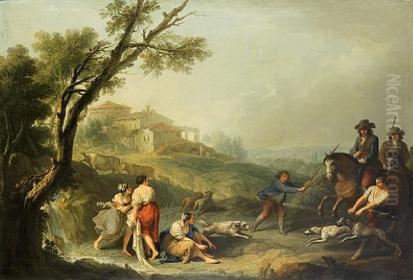 An Italianate Landscape With
Washerwomen Beside A Waterfall And Horsemen And Their Dogs Approaching - view 1