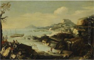 A View On The Bay Of Napels, A Group Of Figures On A Rocky Coastline In The Foreground