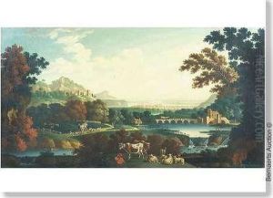 Entourage. Paysage Panoramique 
Anime De Voyageurs, De Betaille, D'une Riviere Et D'une Ville Au 
Lointain.
