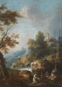 Monaci In Preghiera In Un Paesaggio Roccioso
