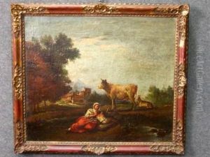 Paesaggio Con Pastorella Che Allatta Neonato Vicino A Una Mucca Ea Una Capra