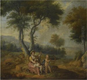 A Southern Landscape With A Hunter Resting With A Putto