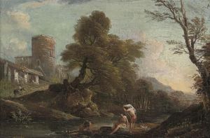 A Wooded River Landscape With Bathers On A Bank, A Fortified Townbeyond