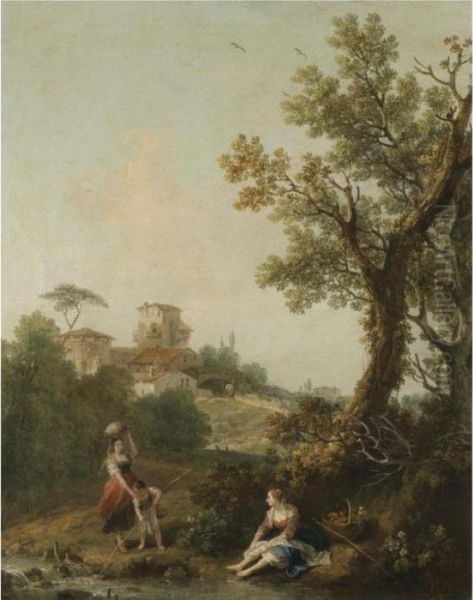 A Wooded River Landscape With A
Boy And His Mother Fishing And Another Woman Resting In The Foreground, A
Traveller Approaching A Village Beyond - view 1