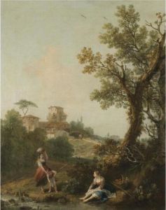 A Wooded River Landscape With A
Boy And His Mother Fishing And Another Woman Resting In The Foreground, A
Traveller Approaching A Village Beyond thumbnail