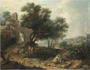A Pastoral Landscape With Figures In The Foreground by Francesco Zuccarelli