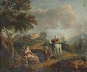 A Southern Landscape With Figures Conversing With A Woman On Horseback In The Foreground by Francesco Zuccarelli