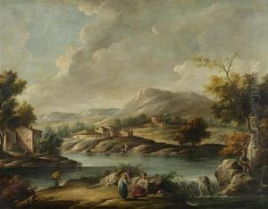 Flusslandschaft Mit Hausern Und Personen.