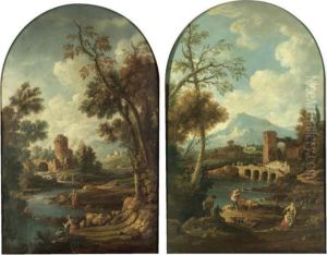 A Southern Landscape With Herders Resting On A Riverbank, Classical Ruins Beyond