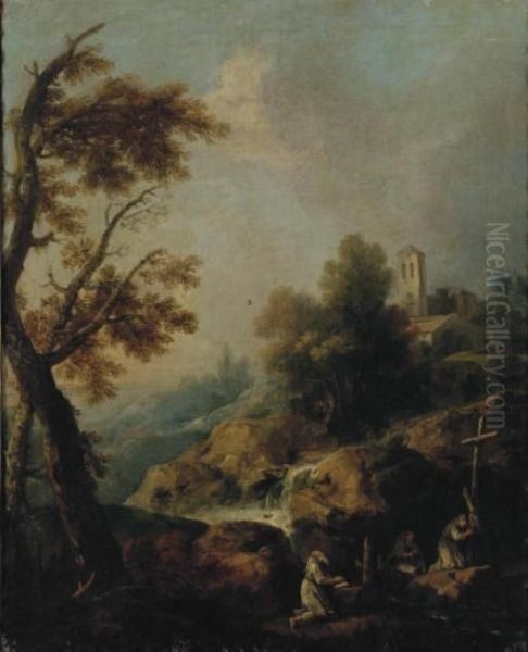 Moines Priant Dans Un Paysage Rocheux - view 1