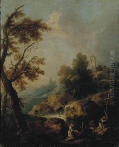 Moines Priant Dans Un Paysage Rocheux by Francesco Zuccarelli