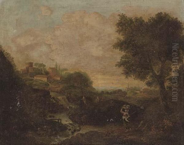 An Italianate River Landscape
With A Woman Holding A Basket In The Foreground, A Village Beyond - view 1