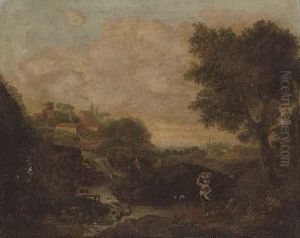 An Italianate River Landscape
With A Woman Holding A Basket In The Foreground, A Village Beyond by Francesco Zuccarelli