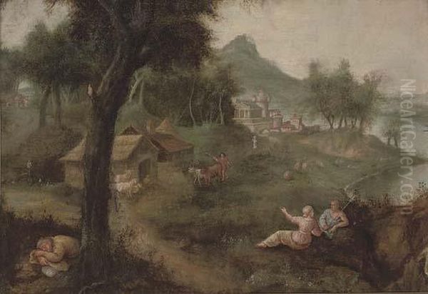 An Italianate Wooded River Landscape With A Shepherd And His Flock, A Village Beyond - view 1