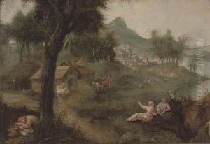 An Italianate Wooded River Landscape With A Shepherd And His Flock, A Village Beyond by Francesco Zuccarelli
