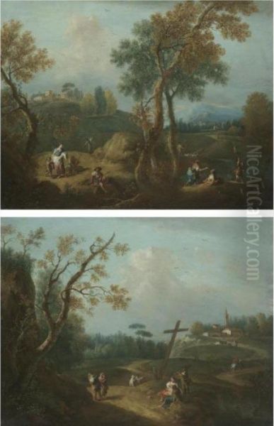 An Italianate Landscape With
Figures Beneath A Crucifix, A Church Beyond; A Pastoral Landscape With
Peasants And A Fisherman Near A Pond, A Shepherd With His Flock Beyond - view 1