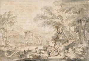 A Youth Serenading A Shepherdess In An Ornamental Garden, A Landscape Beyond by Francesco Zuccarelli