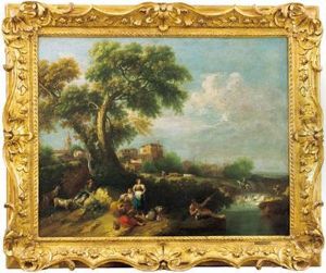 Paesaggio Fluviale Con Figure In Riposo Sotto Un Albero