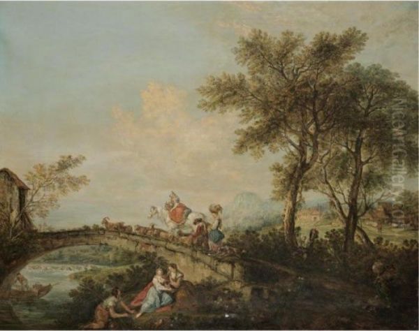 An Arcadian River Landscape With A Family And Their Animals Corssing A Bridge - view 1