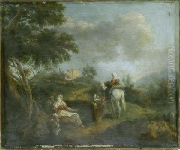 Italian Unframed Oil On Canvas Travellers In A Landscape 17 X 20.75in - view 1