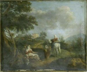 Italian Unframed Oil On Canvas Travellers In A Landscape 17 X 20.75in by Francesco Zuccarelli