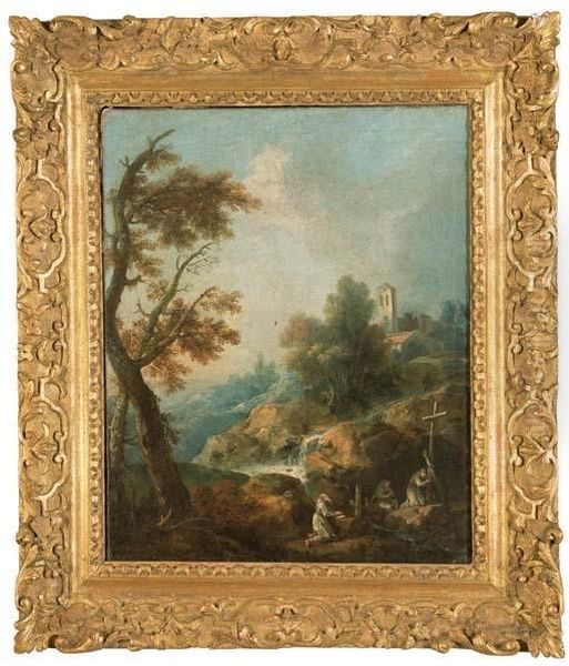 Moines Priant Dans Un Paysage Rocheux - view 1