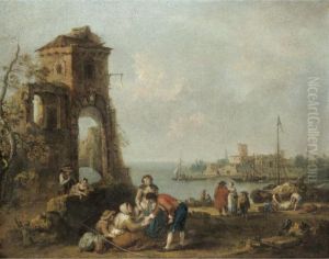 An Architectural Capriccio With
Numerous Figures Beside Classical Ruins, A Mediterrenean Harbour Beyond by Francesco Zuccarelli