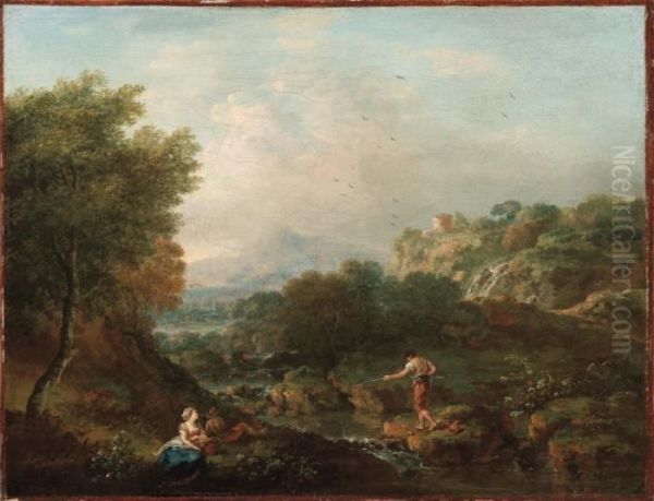 Paesaggio Montano Con Rivo E Pescatore - view 1