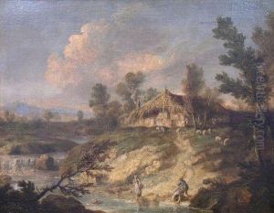 Sheep And Figures By A Stream by Francesco Zuccarelli