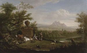 Cattle And Figures Beside A River In An Extensive Landscape