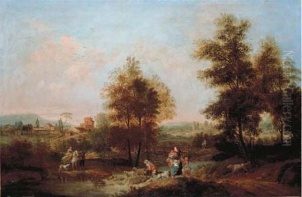 An Extensive Italianate Landscape With Peasants And Cattle Crossing A River - view 1