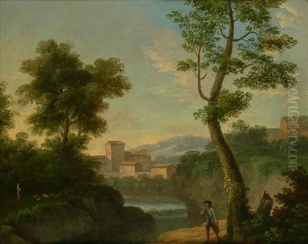 Figure On A Path In A Wooded Evening Landscape, Avillage Beyond - view 1