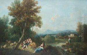 An Arcadian Landscape With A 
Goatherd Serenading Shepherdesses Beside A Waterfall, A Village And 
Mountains Beyond by Francesco Zuccarelli