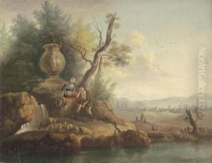Pastoral River Landscape With A 
Shepherd And A Dairymaid Beside A Small Cascade