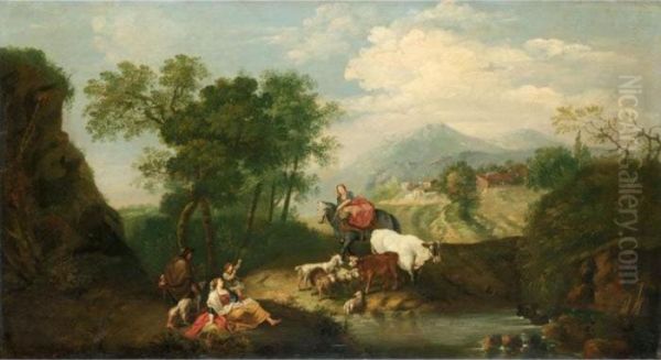 Paesaggio Con Pastorella A 
Cavallo, Animali, Viandante E Donna Con Bambino Presso Uno Specchio 
D'acqua - view 1