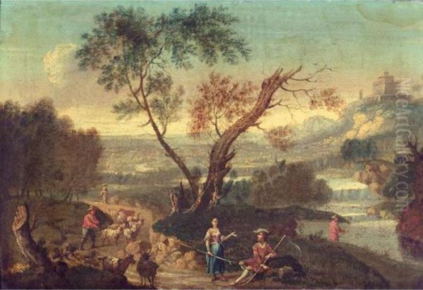 Italianate Landsape With Drovers
And Their Animals On A Road Beside A River, A Hilltop Castle Beyond - view 1