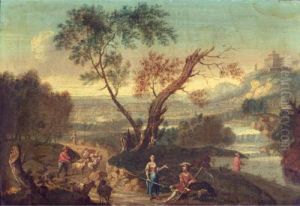 Italianate Landsape With Drovers
And Their Animals On A Road Beside A River, A Hilltop Castle Beyond by Francesco Zuccarelli