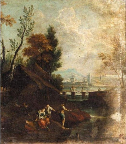 River Landscape With Figures Fishing In The Foreground Before A Cottage - view 1