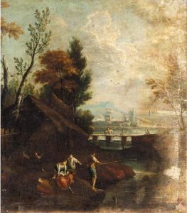 River Landscape With Figures Fishing In The Foreground Before A Cottage by Francesco Zuccarelli