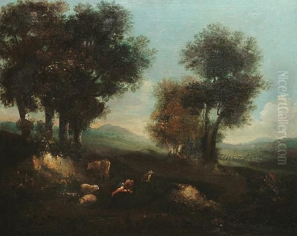 A Pastoral Landscape With A Shepherd Resting - view 1