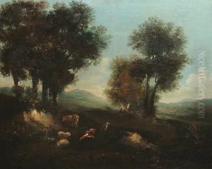 A Pastoral Landscape With A Shepherd Resting by Francesco Zuccarelli