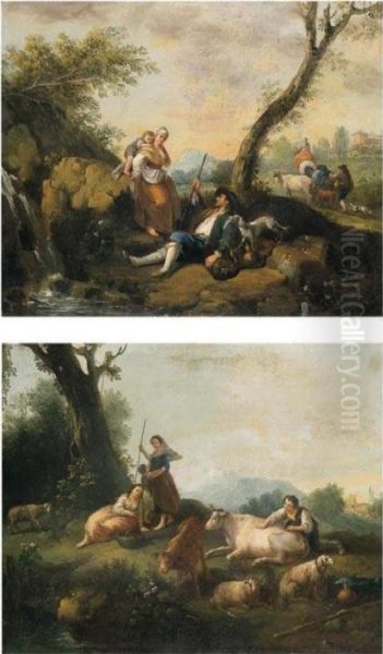 Paesaggio Arcadico Con 
Cascatella E Viandanti; Paesaggio Arcadico Con Ruscello In Primo Piano E
 Pastorelle - view 1