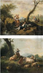 Paesaggio Arcadico Con 
Cascatella E Viandanti; Paesaggio Arcadico Con Ruscello In Primo Piano E
 Pastorelle