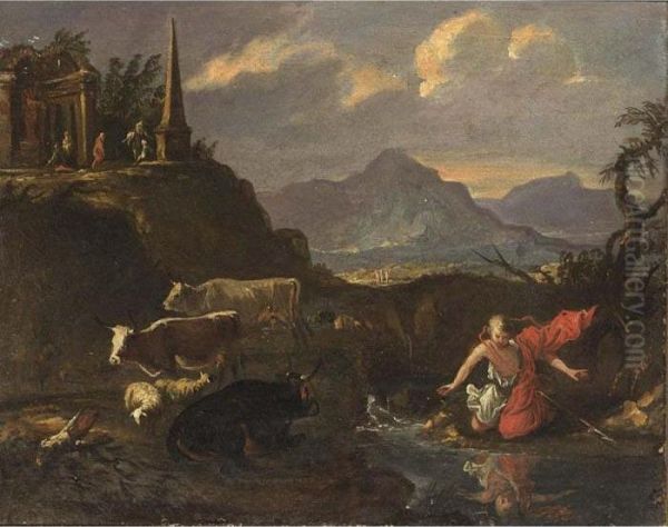 An Extensive Mountainous Landscape With Narcissus Gazing In A Pond - view 1