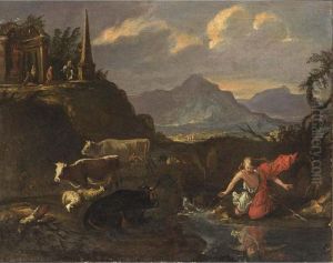 An Extensive Mountainous Landscape With Narcissus Gazing In A Pond