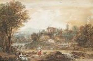River Landscape With Buildings
And A Church On The Far Bank And Two Women In The Foreground by Francesco Zuccarelli